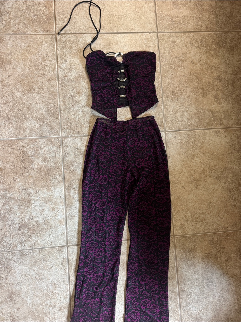 Purple Floral Boot-Cut Pants with Matching Bustier Set